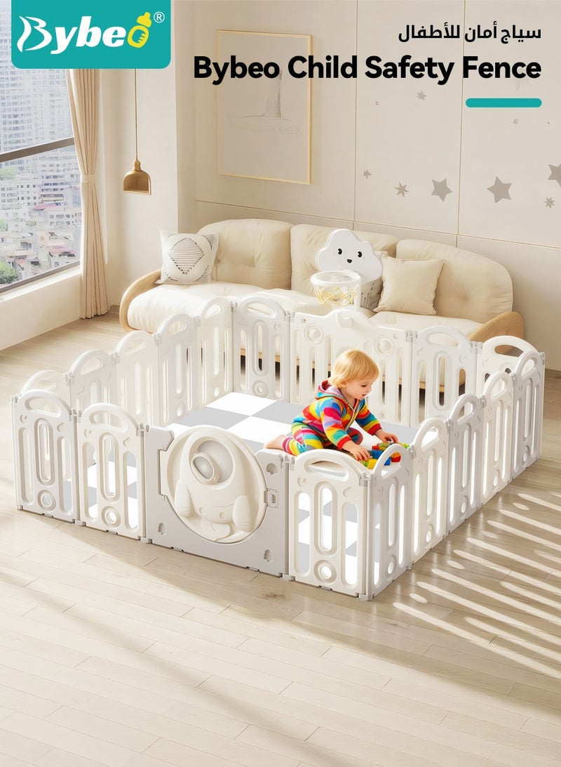 Bybeo Baby Playpen Fence with Playmat, Baby Playards for Toddlers with Gate and Game Board, Sturdy Infant Play Area, Toddler Activity Center with Basketball Hoop and 3PCS Baby Rattle Toys, Indoor & Outdoor Use 18 Panels - Image 2